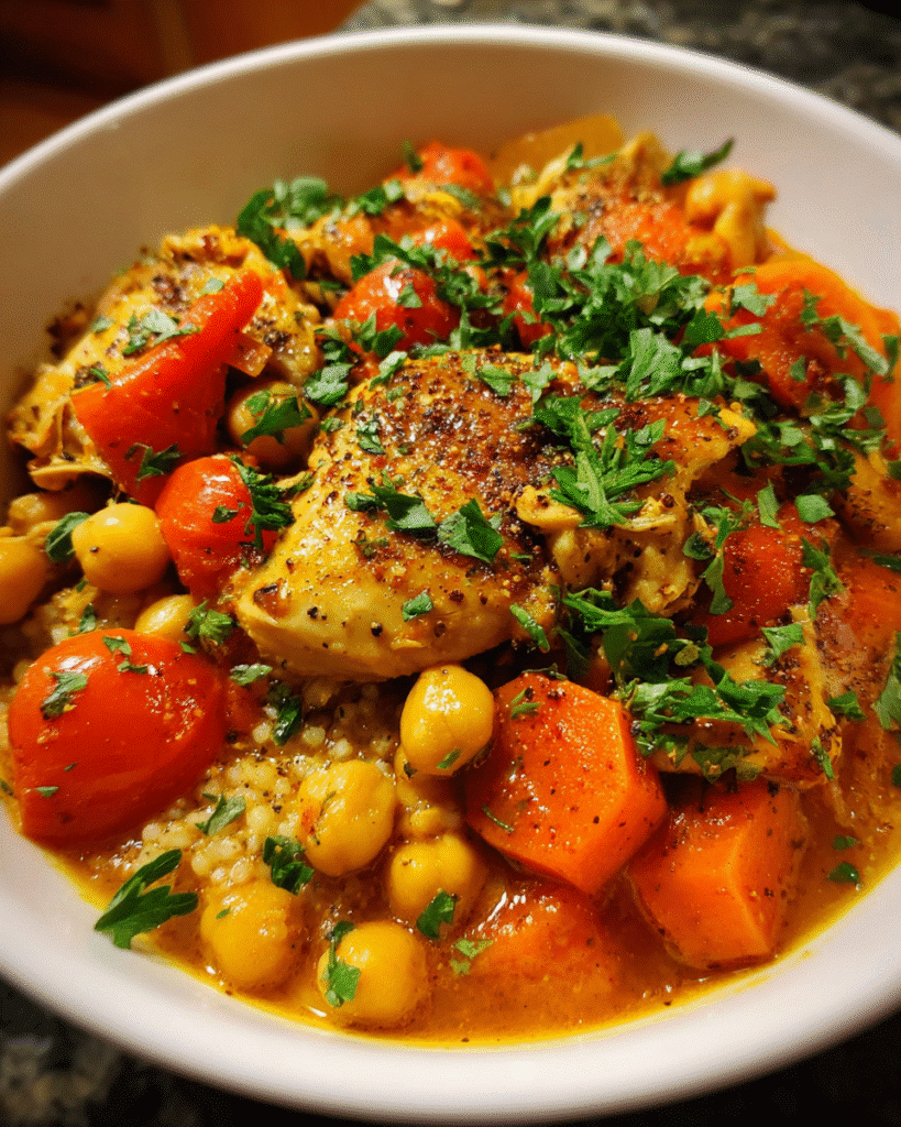bowl of chicken and chickpea Mediterranean-style stew