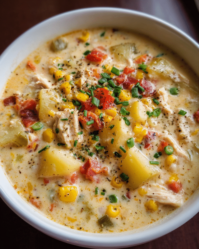 Creamy bowl of chicken corn chowder with potatoes and corn