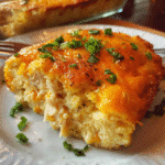 Chicken cornbread casserole baked golden in a casserole dish