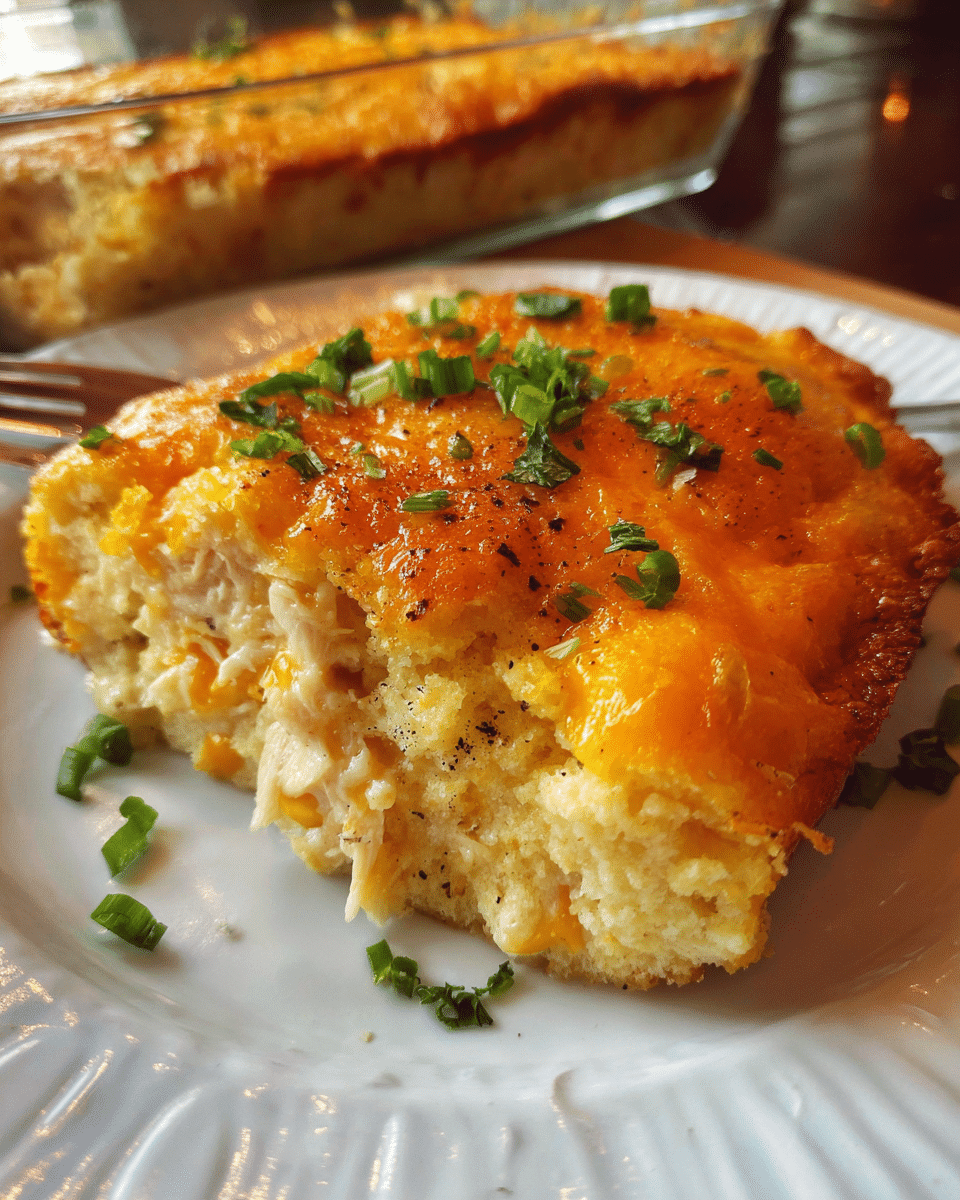 Chicken cornbread casserole baked golden in a casserole dish