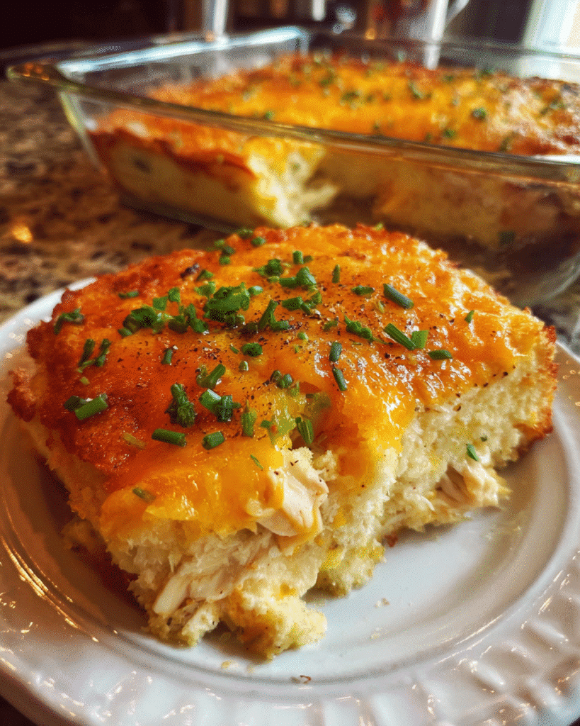 Chicken cornbread casserole baked golden in a casserole dish