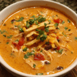 Creamy Chicken Enchilada Soup topped with cheese and tortilla strips