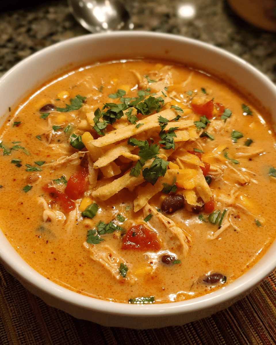 Creamy Chicken Enchilada Soup topped with cheese and tortilla strips