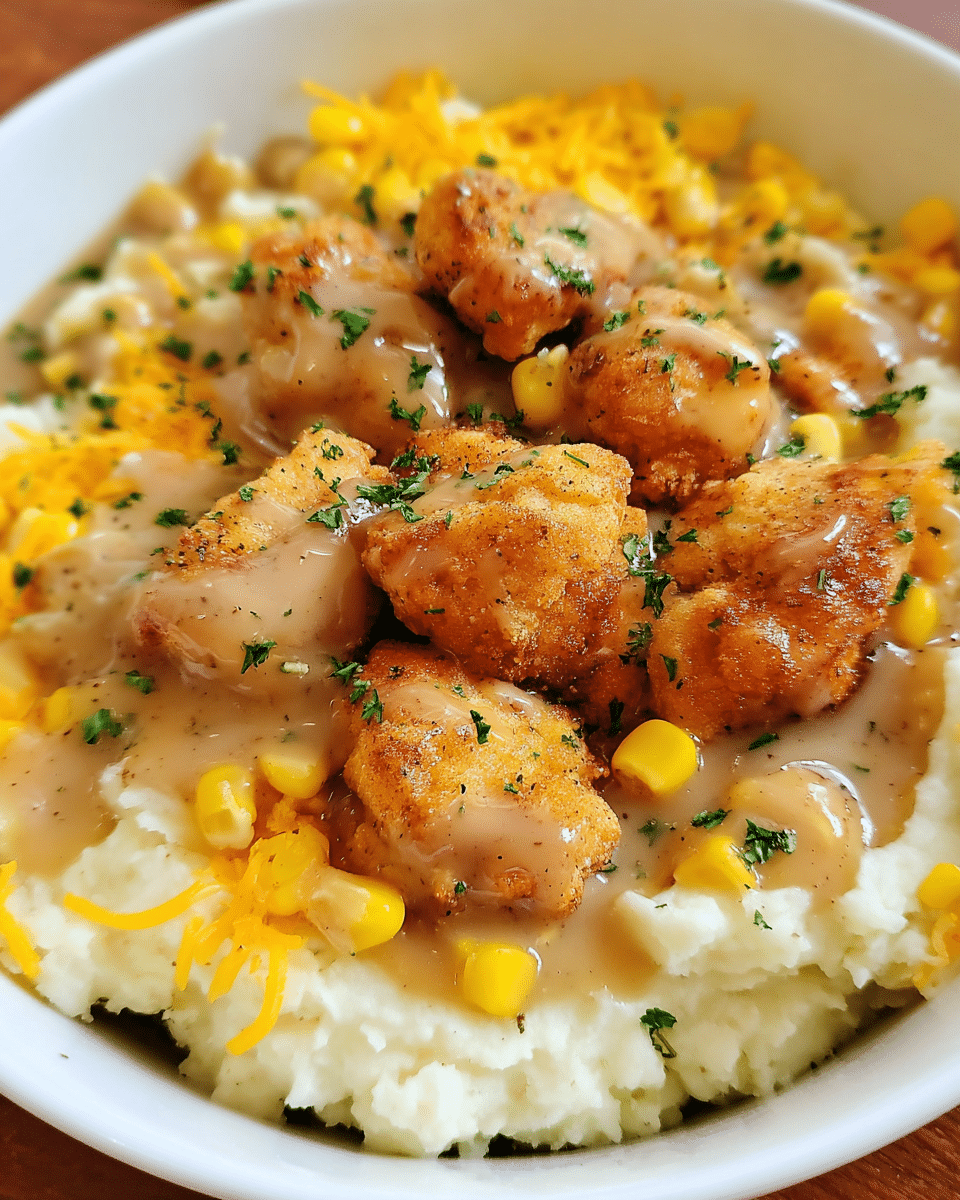 Chicken mashed potato bowls with gravy and corn