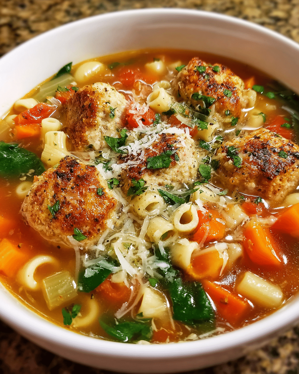 bowl of chicken meatball pasta and vegetable soup