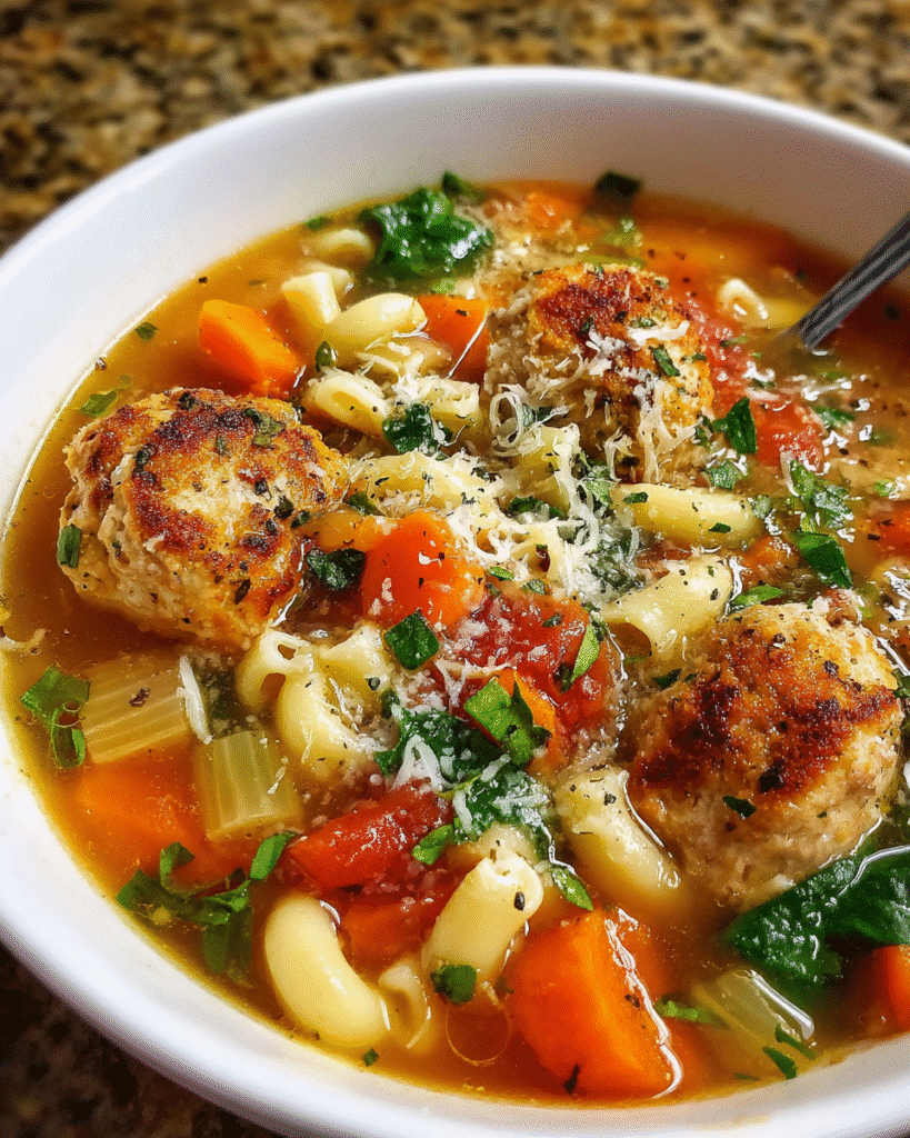 bowl of chicken meatball pasta and vegetable soup