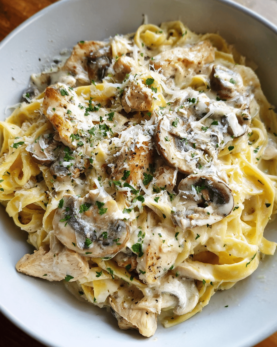 creamy chicken mushroom fettuccine alfredo in bowl