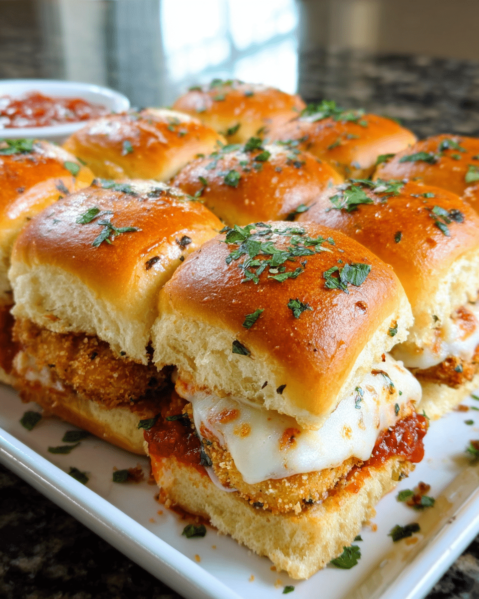 Chicken Parmesan Sliders baked with mozzarella and garlic butter