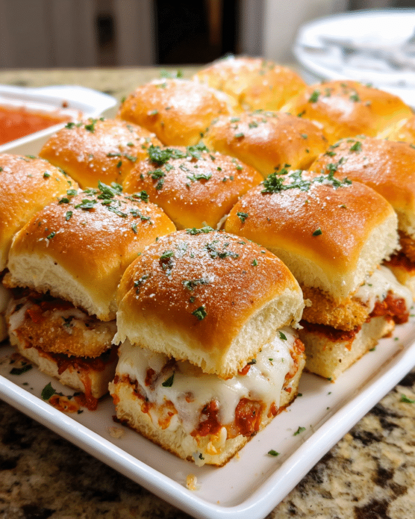 Chicken Parmesan Sliders baked with mozzarella and garlic butter