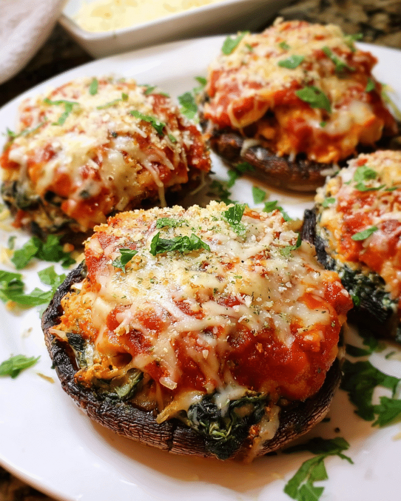 Chicken Parmesan Stuffed Mushrooms baked with cheese and marinara