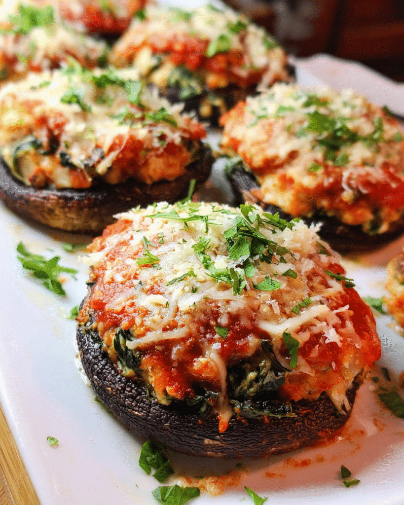 Chicken Parmesan Stuffed Mushrooms baked with cheese and marinara