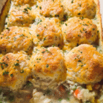 Chicken pot pie casserole with cheddar biscuit topping baked golden