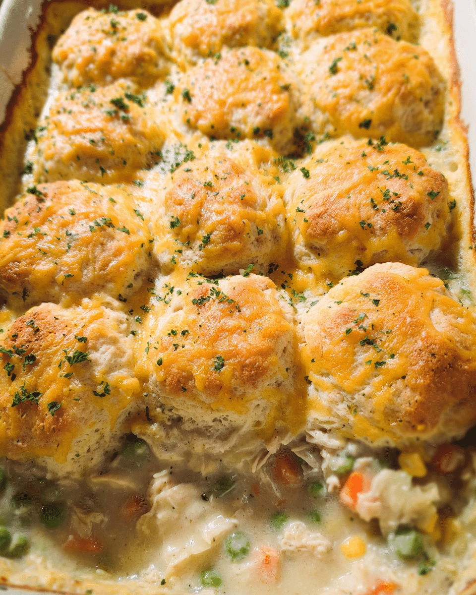 Chicken pot pie casserole with cheddar biscuit topping baked golden