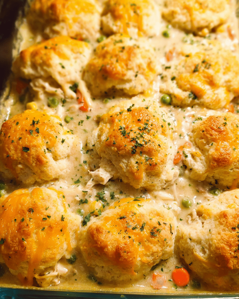 Chicken pot pie casserole with cheddar biscuit topping baked golden