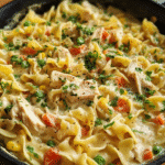 Creamy chicken pot pie pasta in a skillet
