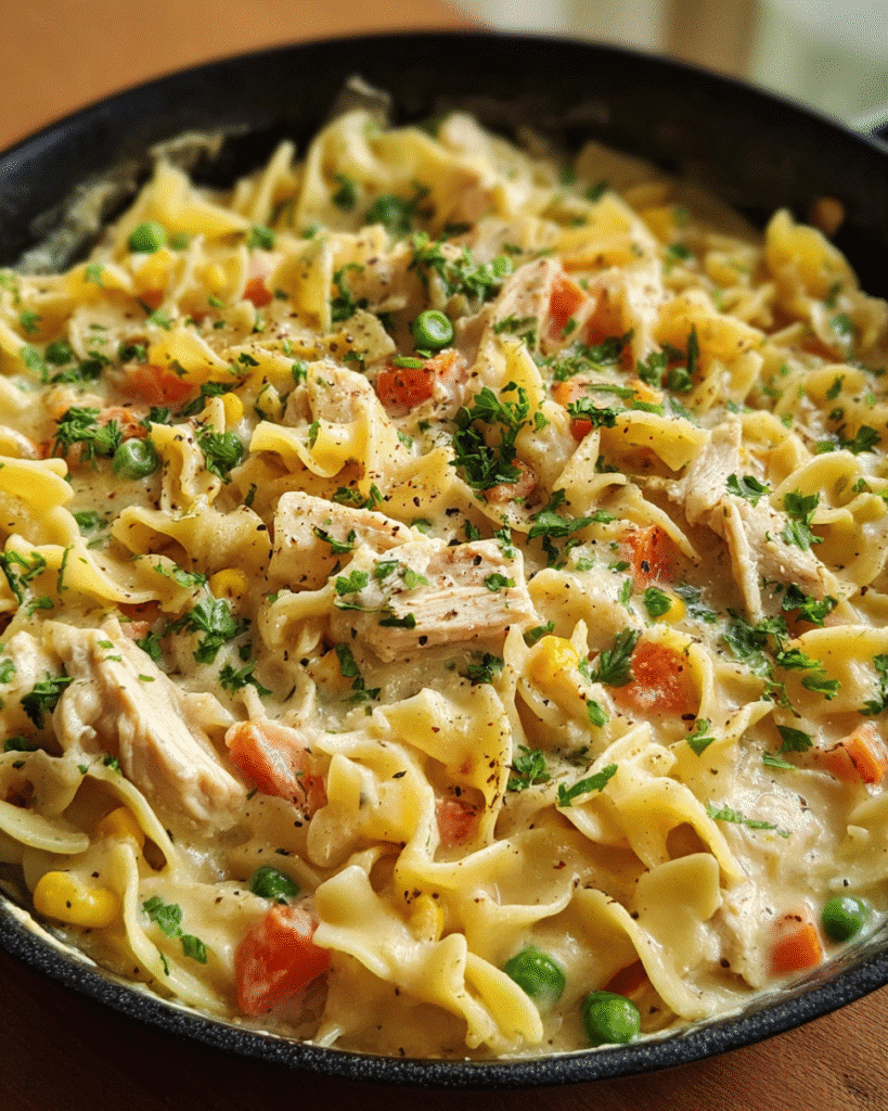 Creamy chicken pot pie pasta in a skillet