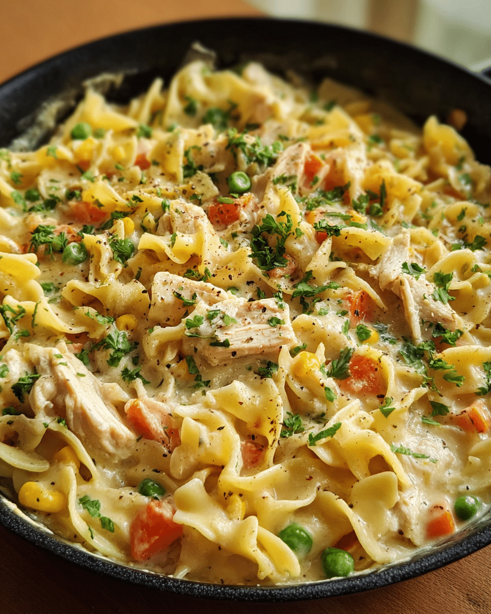 Creamy chicken pot pie pasta in a skillet