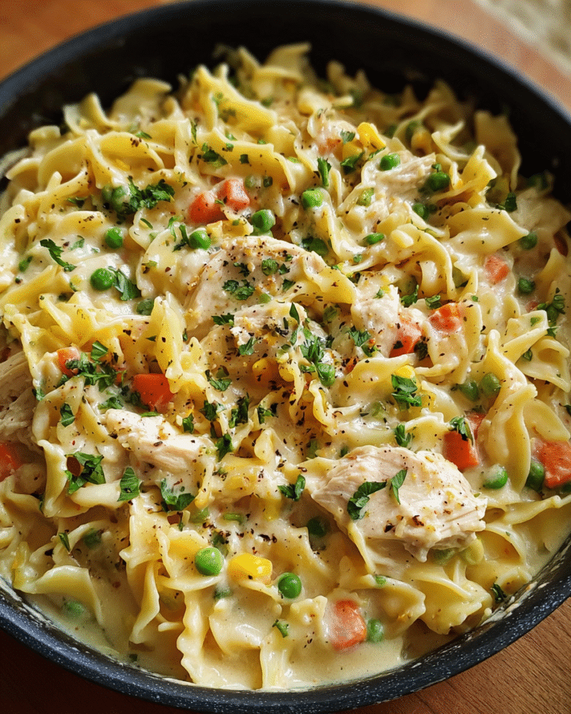 Creamy chicken pot pie pasta in a skillet