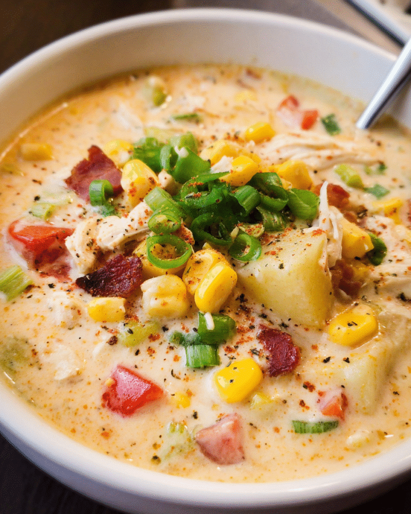 Chicken roasted corn stew served creamy and hot
