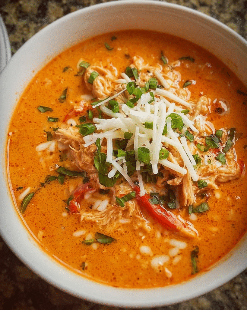 Creamy chicken and roasted red pepper soup in a bowl
