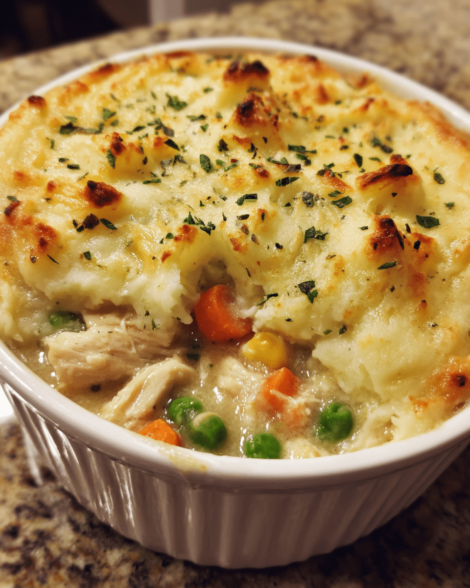 Chicken Shepherd's Pie baked with mashed potato topping