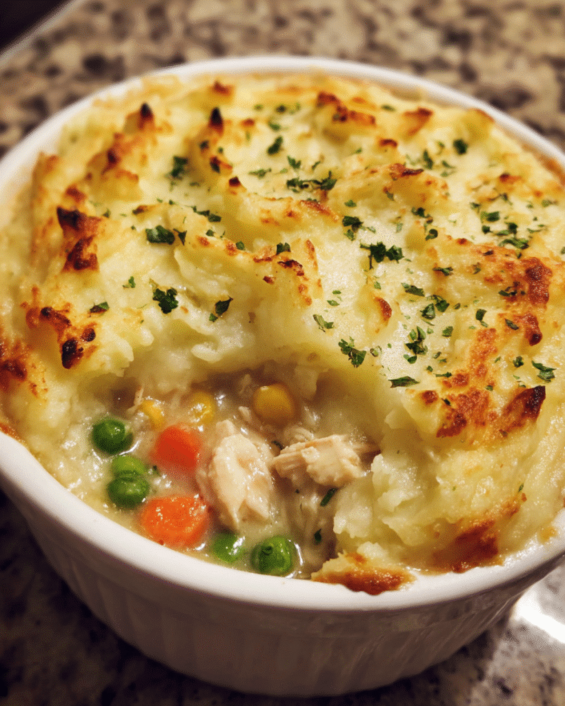 Chicken Shepherd's Pie baked with mashed potato topping