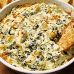 Chicken Spinach Artichoke Dip in a hot, creamy baked appetizer dish