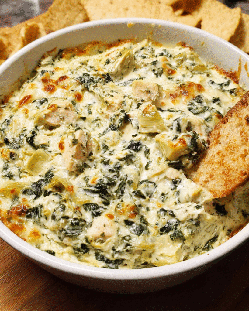 Chicken Spinach Artichoke Dip in a hot, creamy baked appetizer dish