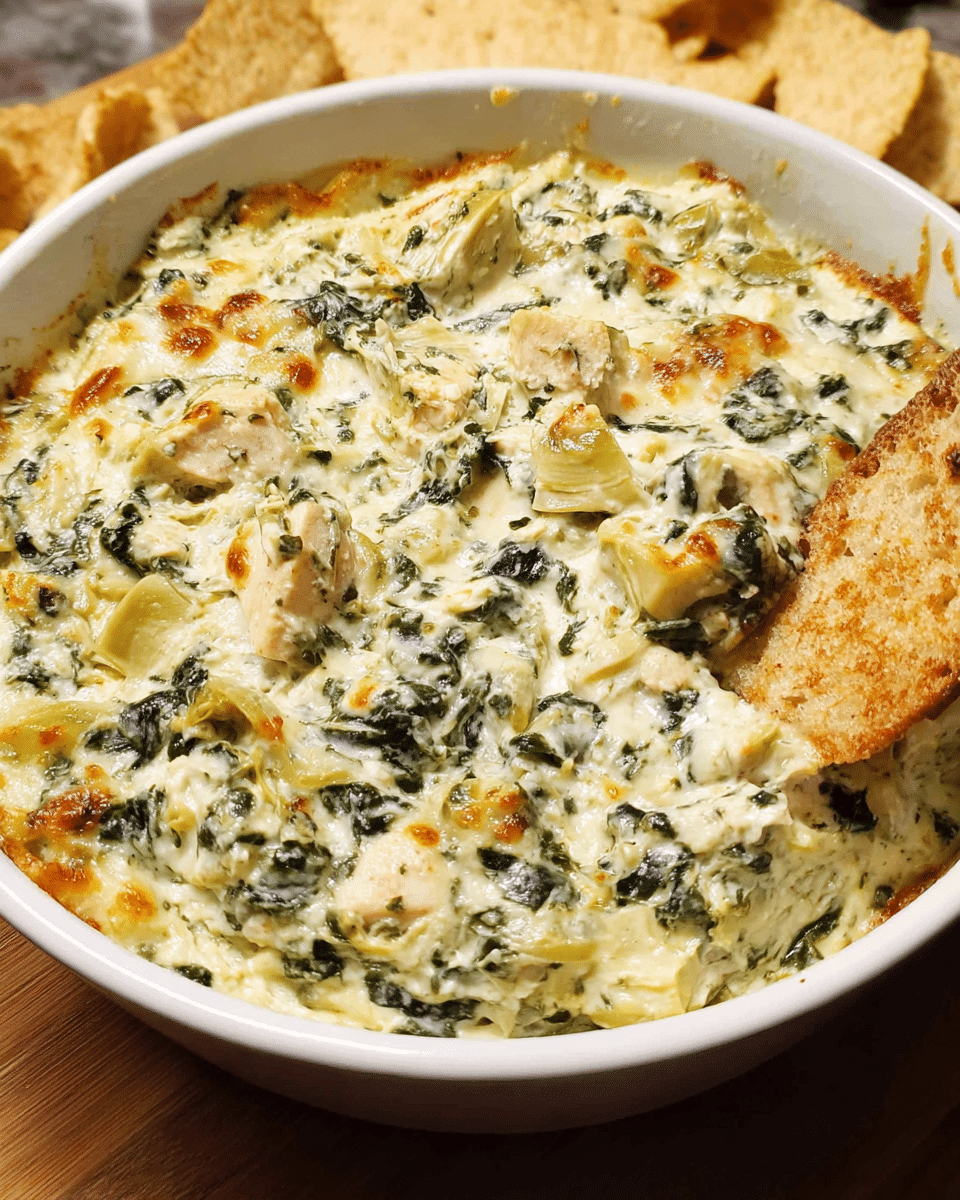 Chicken Spinach Artichoke Dip in a hot, creamy baked appetizer dish