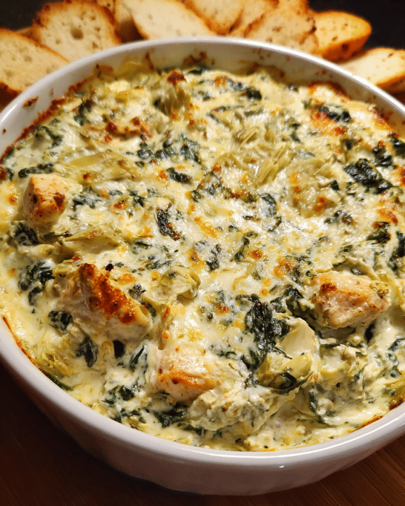 Chicken Spinach Artichoke Dip in a hot, creamy baked appetizer dish