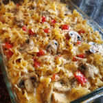 Chicken stroganoff pasta bake fresh from the oven
