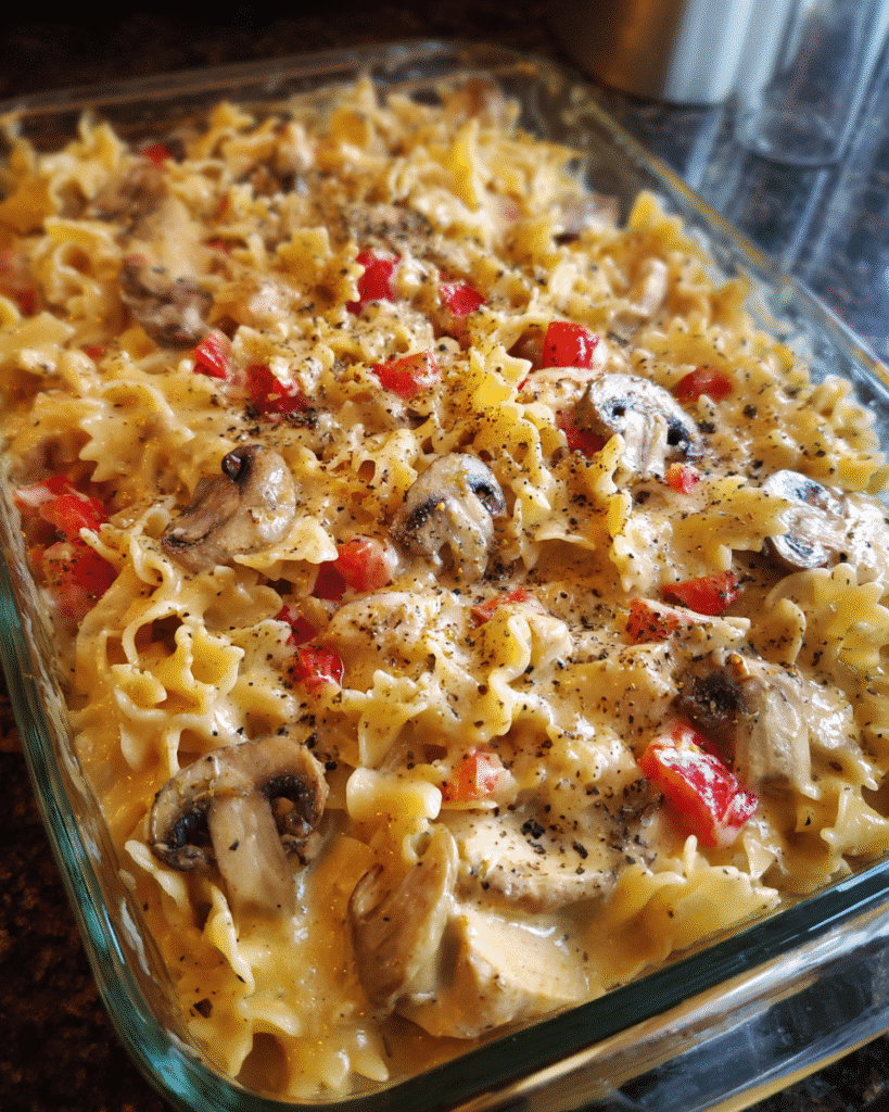 Chicken stroganoff pasta bake fresh from the oven
