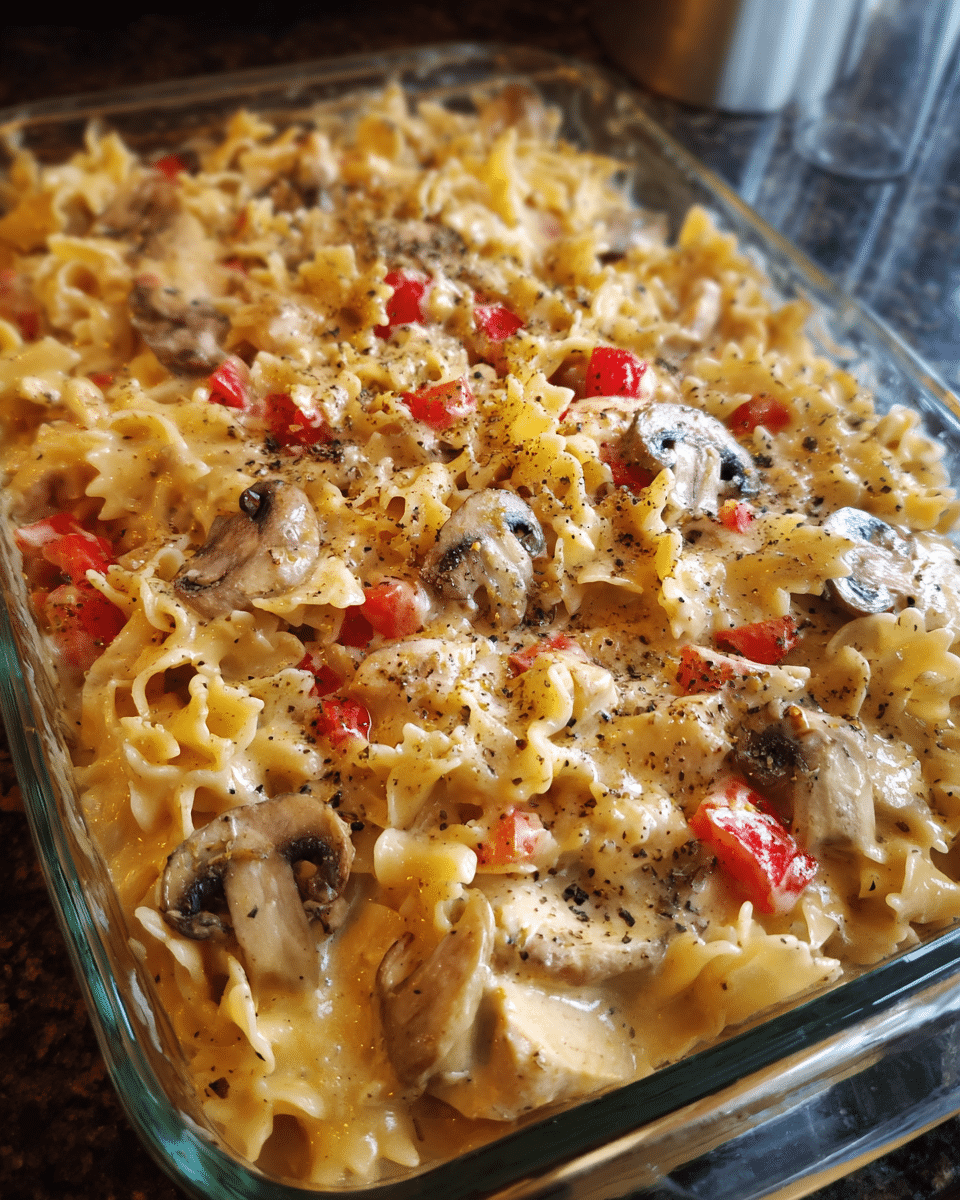 Chicken stroganoff pasta bake fresh from the oven