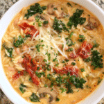 Chicken & Sun-Dried Tomato Orzo Soup served warm