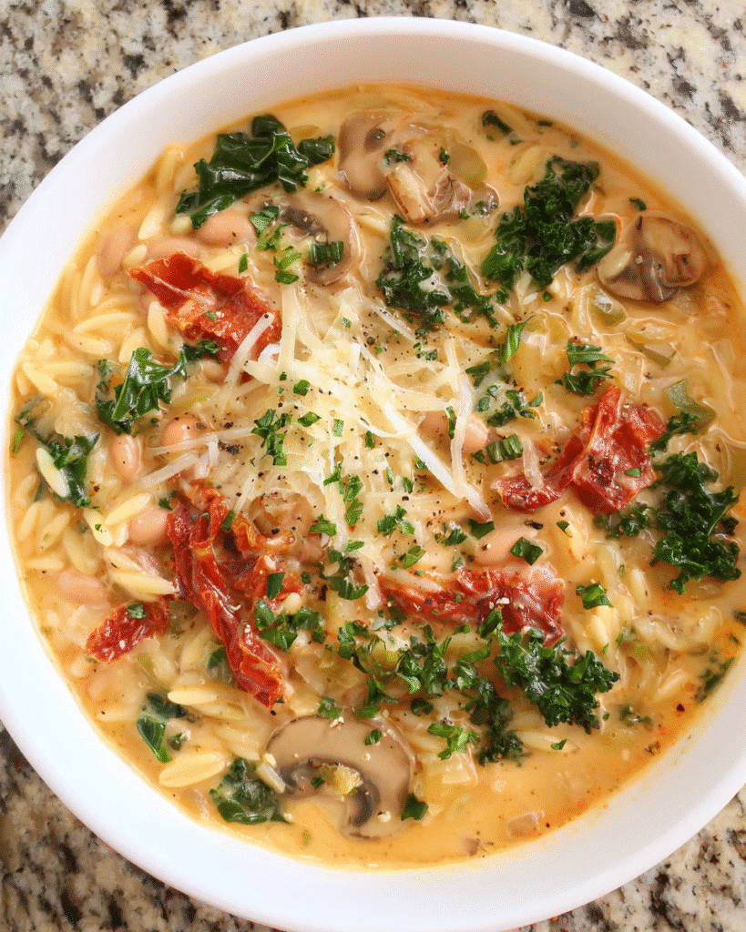 Chicken & Sun-Dried Tomato Orzo Soup served warm