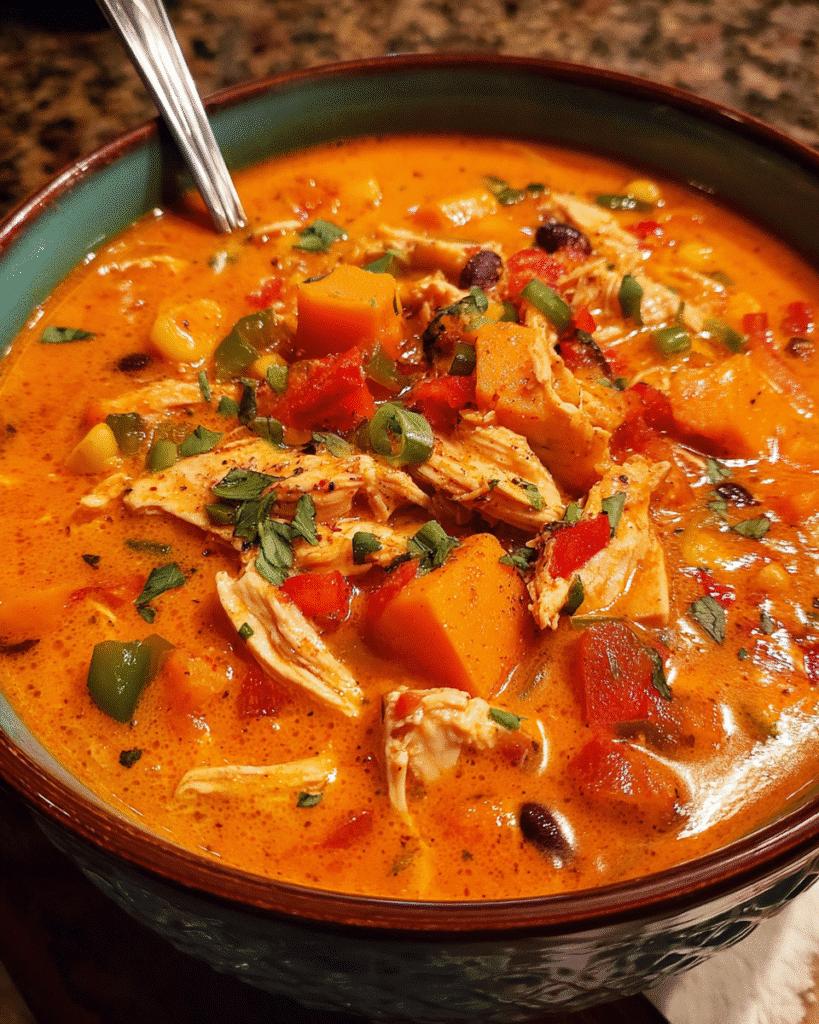 Chicken sweet potato soup with coconut milk and chipotle peppers