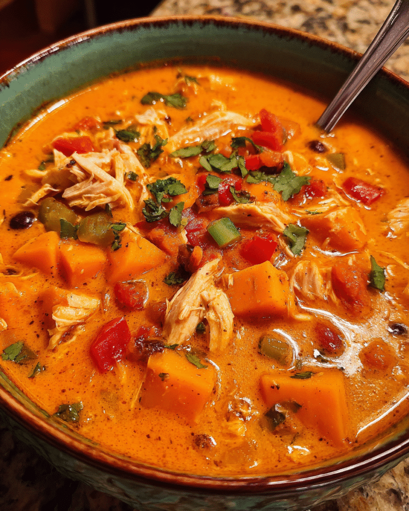 Chicken sweet potato soup with coconut milk and chipotle peppers