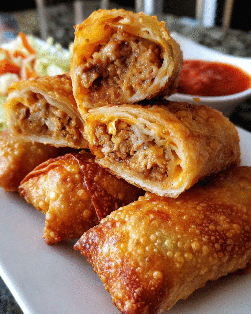Crispy Chicken Taco Egg Rolls served with dips