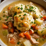 Bowl of chicken and thyme dumpling stew with vegetables