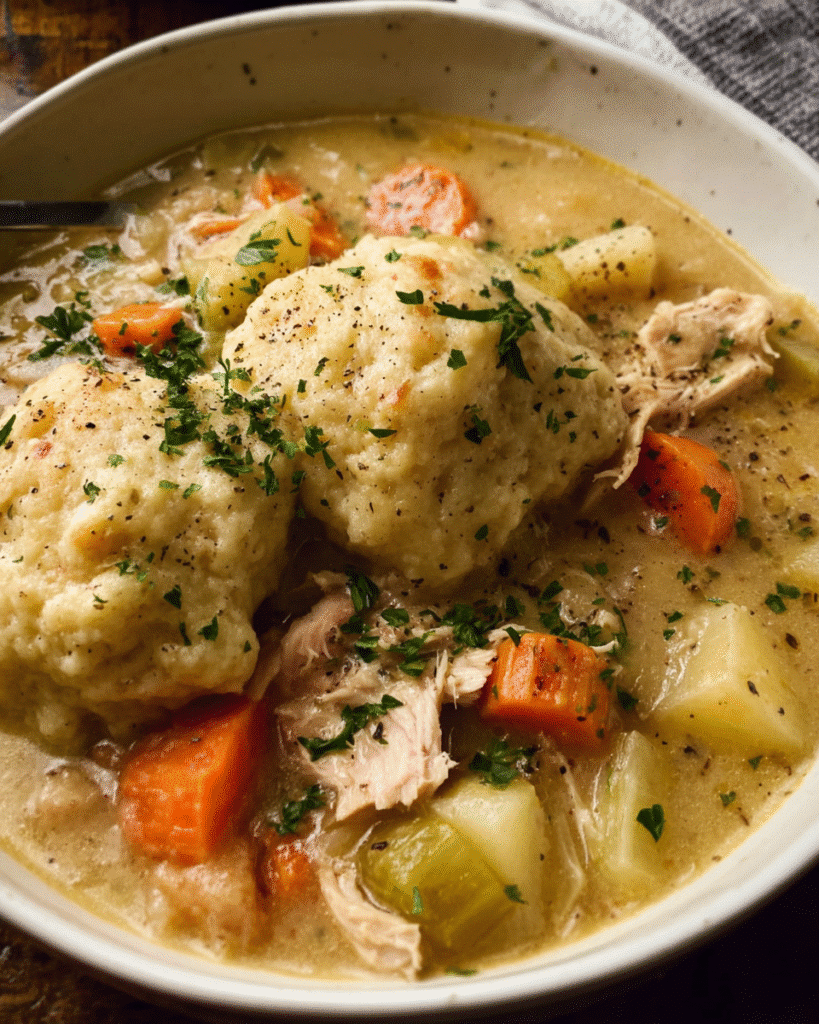 Bowl of chicken and thyme dumpling stew with vegetables