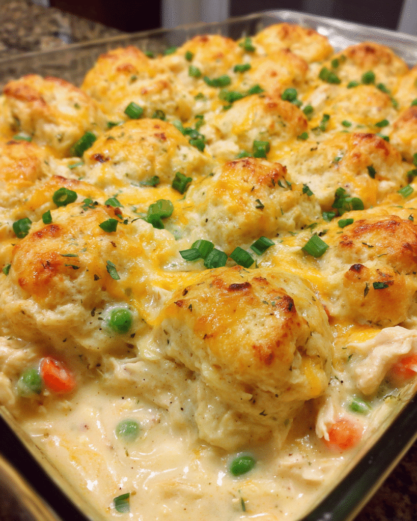 Chicken and biscuits casserole baked golden in a dish