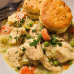 Chicken and biscuits skillet with golden biscuit topping
