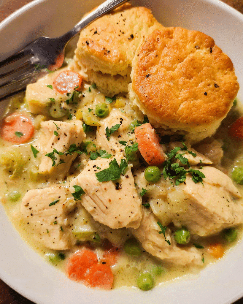 Chicken and biscuits skillet with golden biscuit topping
