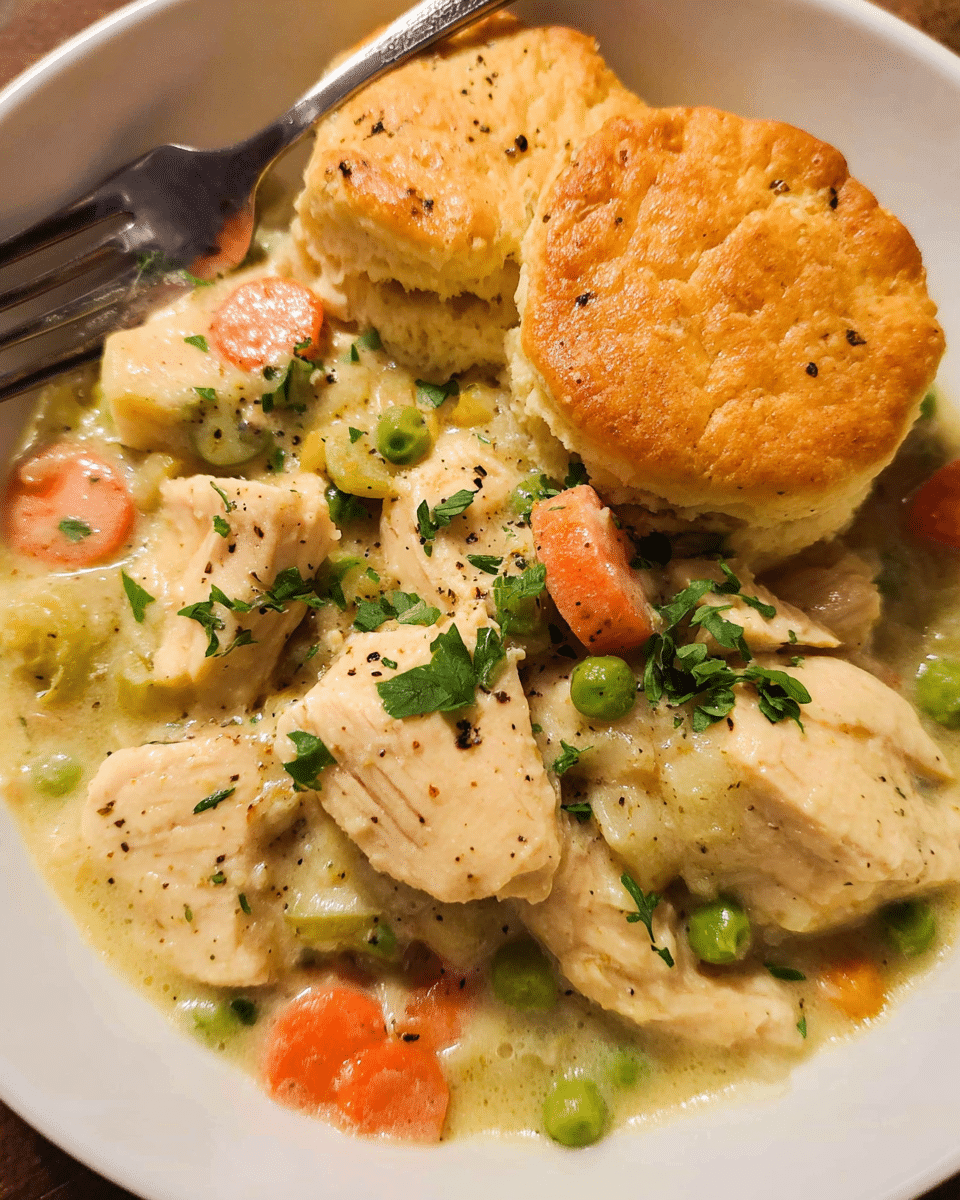 Chicken and biscuits skillet with golden biscuit topping