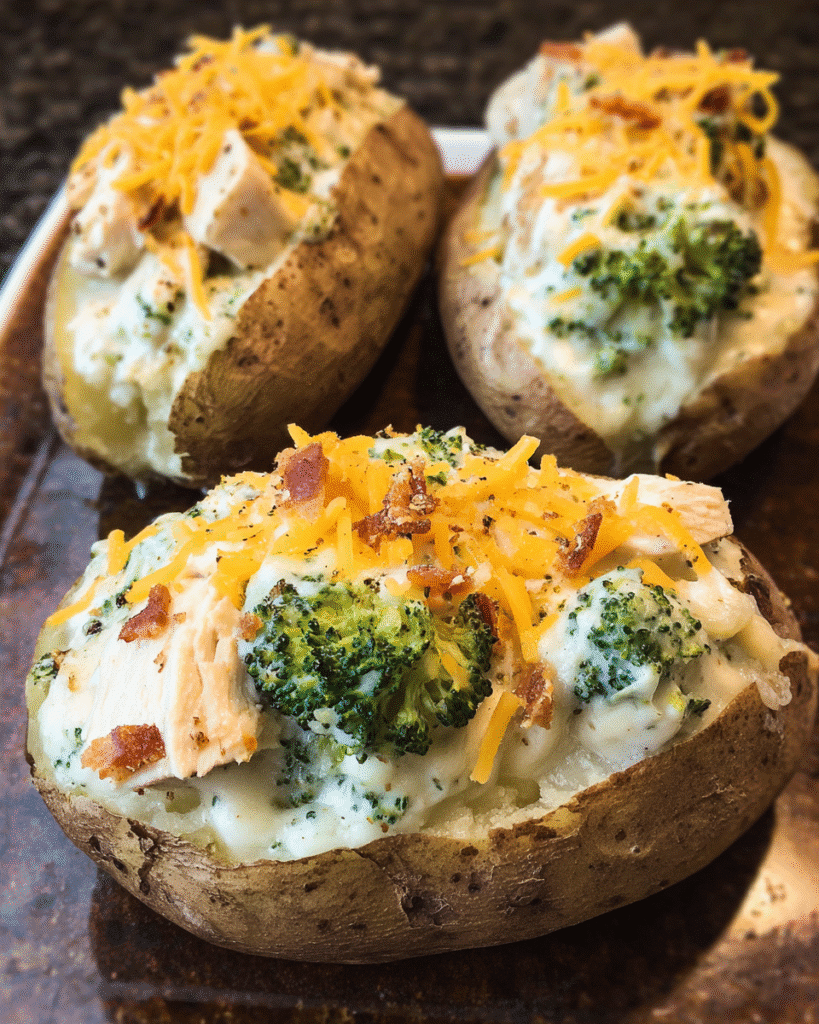 Chicken and broccoli stuffed potatoes with creamy cheese sauce