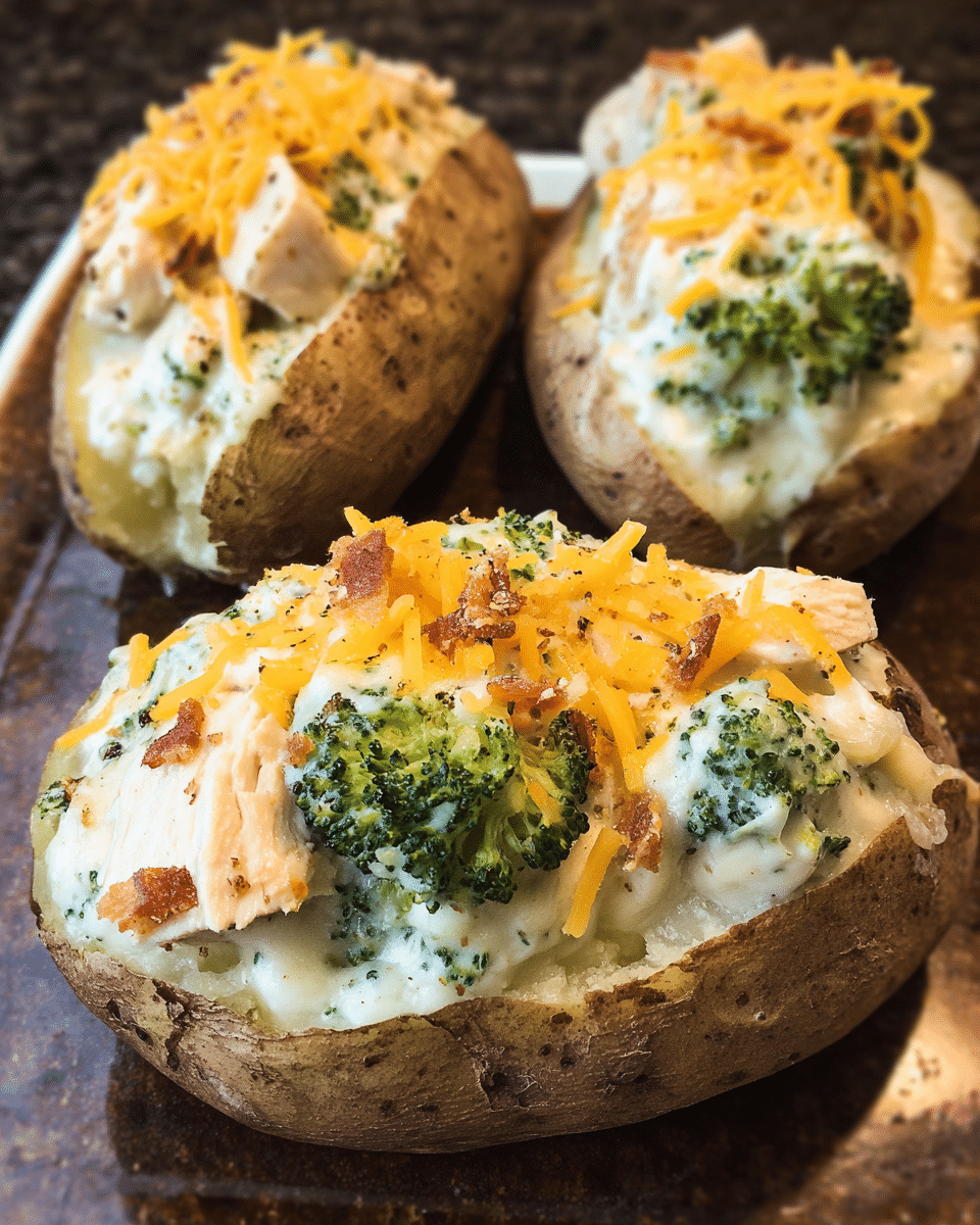 Chicken and broccoli stuffed potatoes with creamy cheese sauce