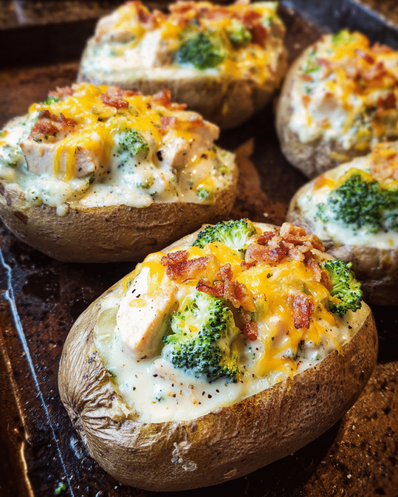 Chicken and broccoli stuffed potatoes with creamy cheese sauce