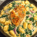 Chicken and gnocchi Florentine served in a creamy spinach sauce
