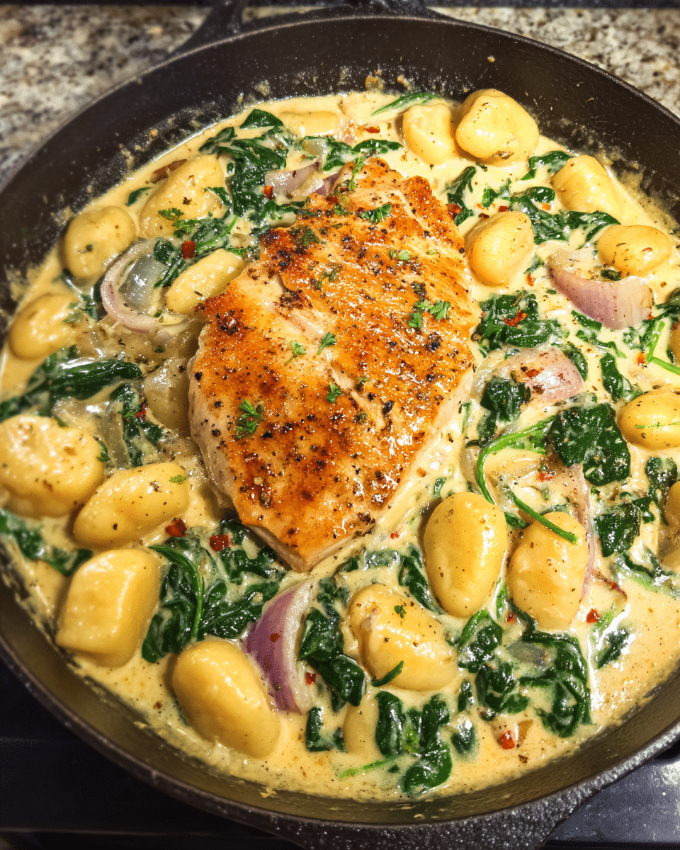 Chicken and gnocchi Florentine served in a creamy spinach sauce
