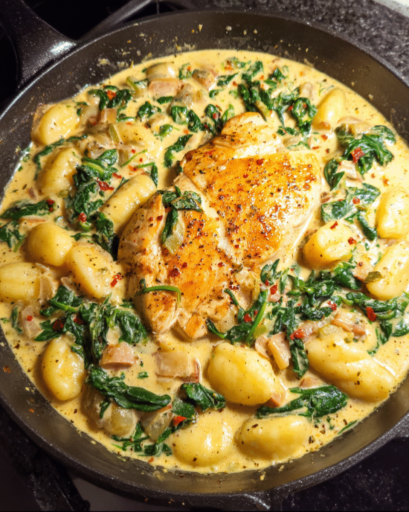 Chicken and gnocchi Florentine served in a creamy spinach sauce